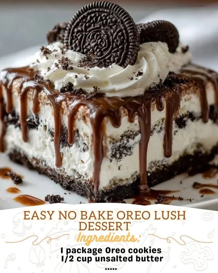 Easy No Bake Oreo Lush Dessert with layers of cream and Oreo cookies.