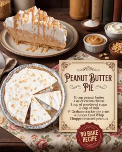 Delicious easy no-bake peanut butter pie topped with whipped cream and chocolate