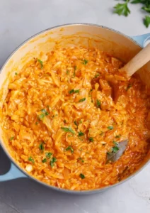 One pot cabbage and rice dish garnished and ready to serve