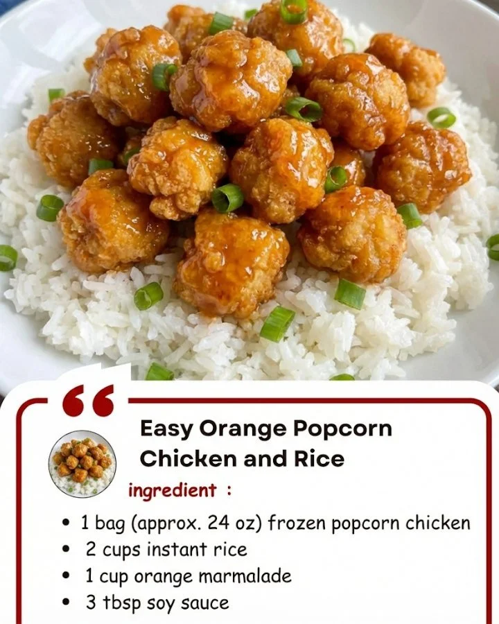 Delicious easy orange popcorn chicken served with rice on a plate