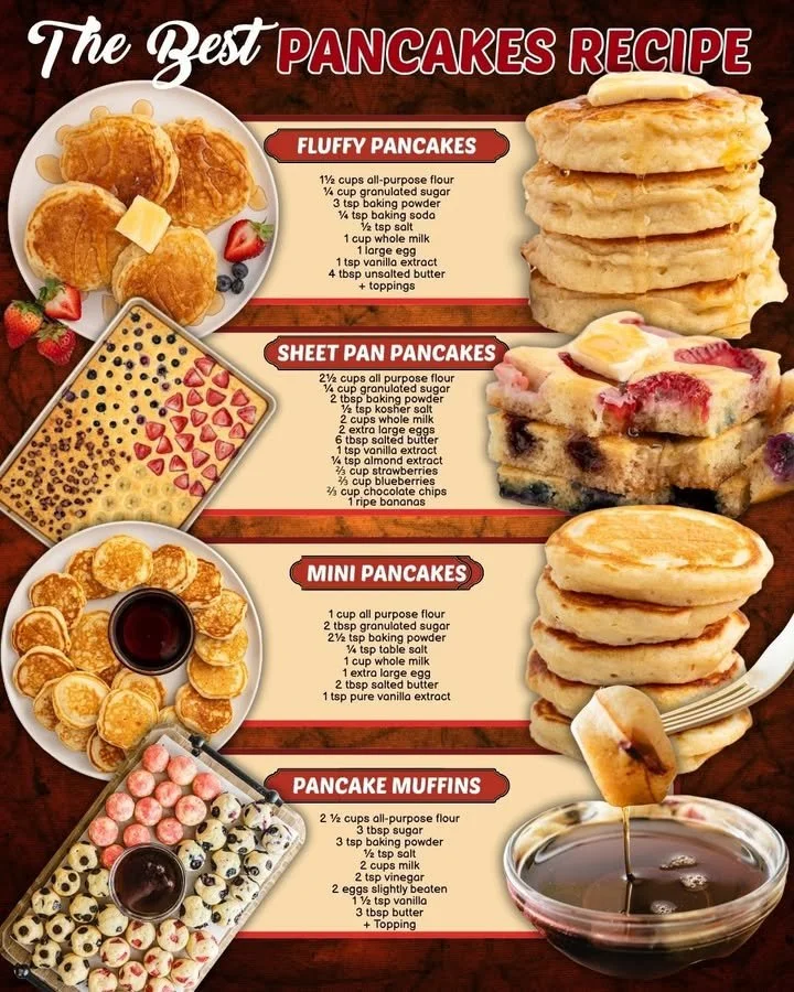 Stack of fluffy pancakes served with syrup and fresh fruit