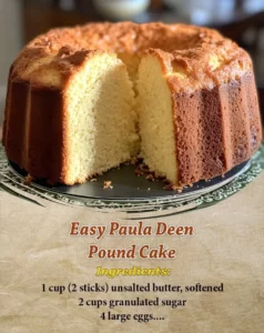 Easy Paula Deen Pound Cake baked and served with fresh strawberries