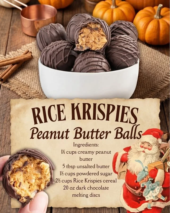 Easy Rice Krispies Peanut Butter Balls recipe with peanut butter and rice cereal.