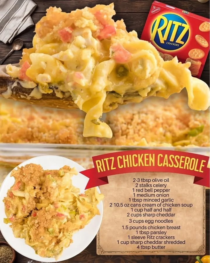 Delicious Easy Ritz Chicken Casserole topped with crunchy cracker crust