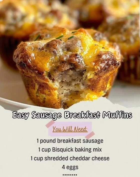 Delicious easy sausage breakfast muffins on a wooden table.