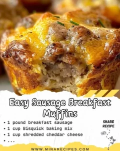 Freshly baked easy sausage breakfast muffins on a wooden table
