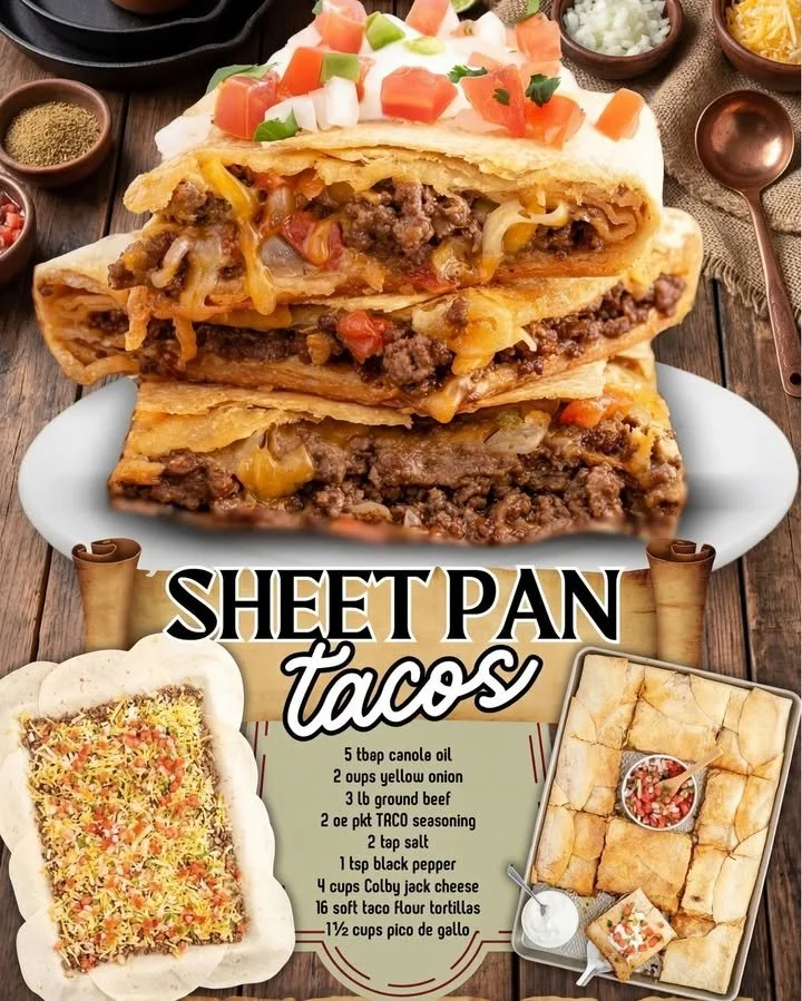 Delicious easy sheet pan tacos served on a baking sheet with toppings.