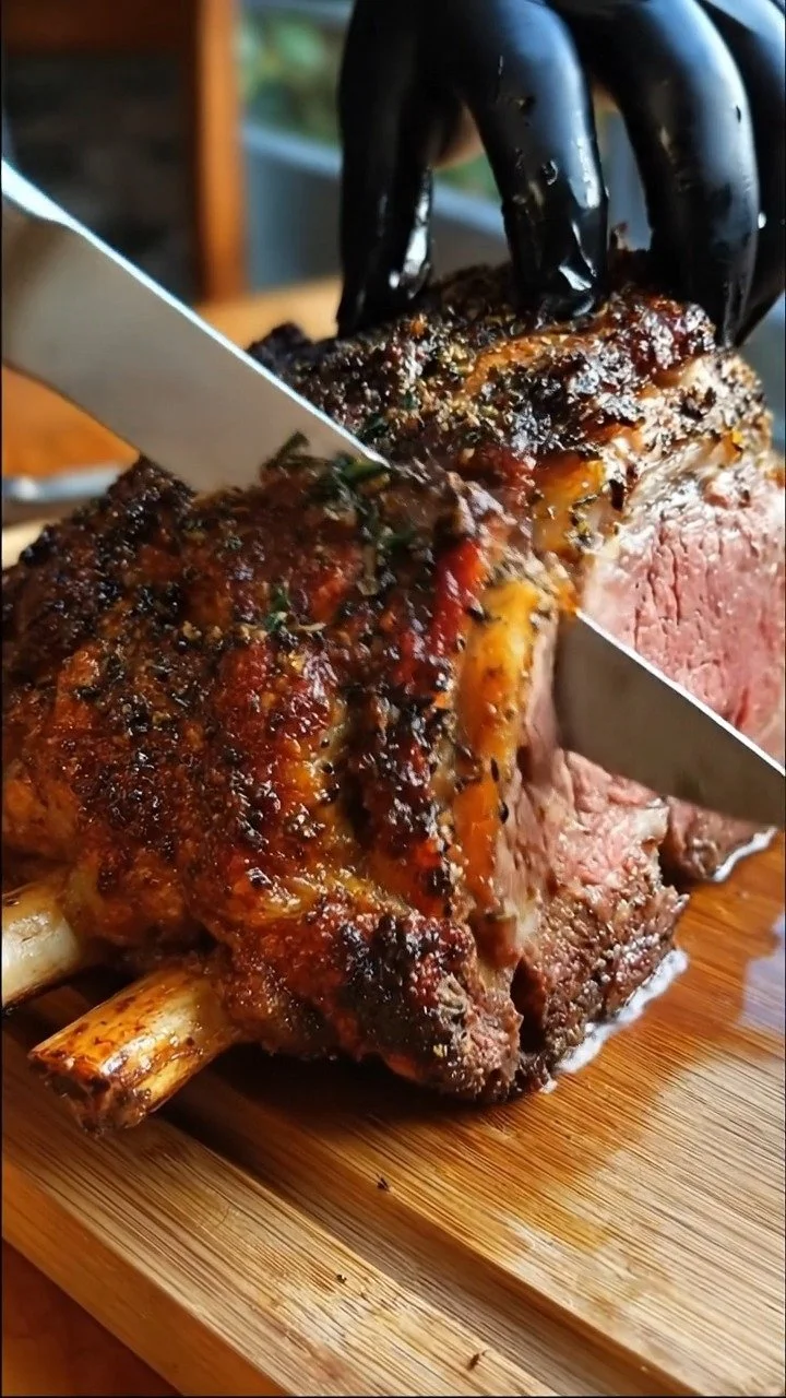 Juicy and tender easy smoked prime rib on a cutting board with seasonings