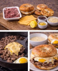 A delicious steak egg and cheese bagel stacked with savory ingredients.