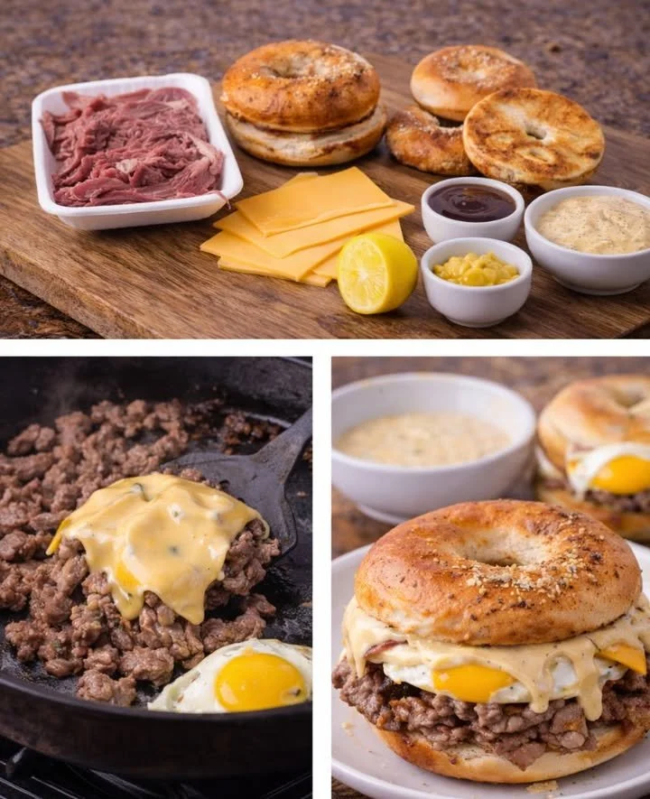 Delicious steak egg and cheese bagels ready to be served for breakfast