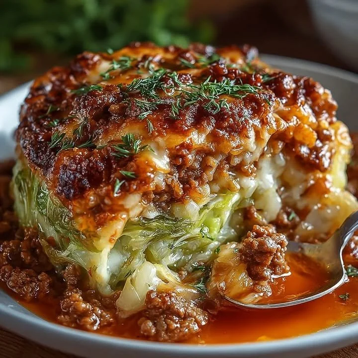 Easy stuffed cabbage gratin topped with melted cheese and herbs