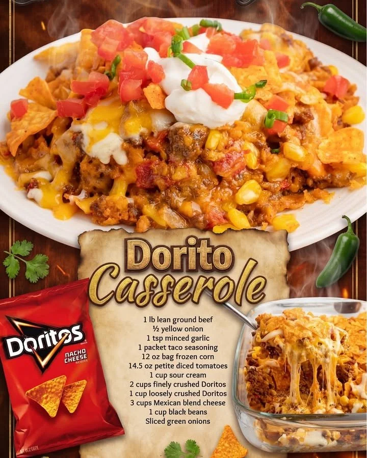 Delicious Easy Taco Doritos Casserole topped with crispy Doritos