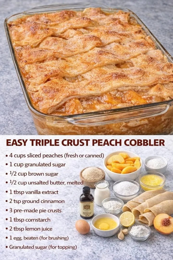 Delicious easy triple crust peach cobbler dessert served in a baking dish.