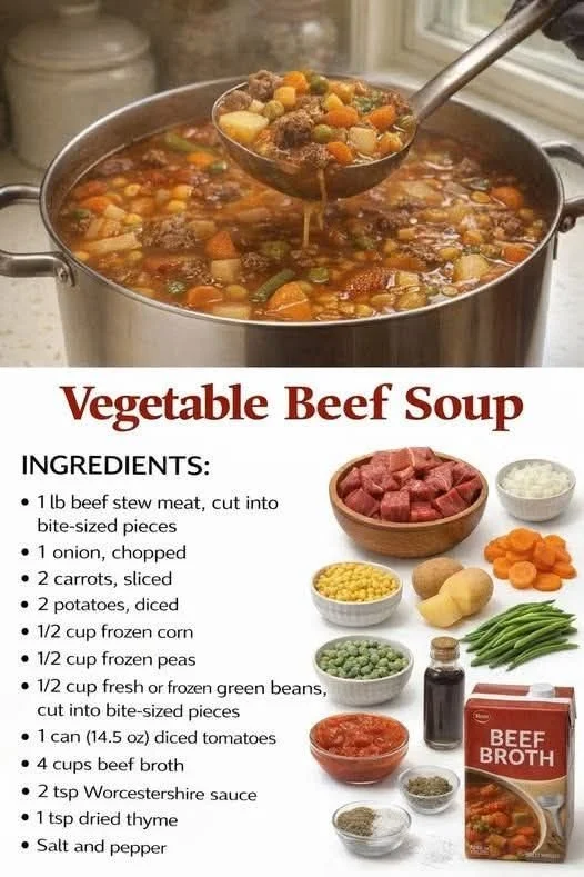 Bowl of easy vegetable beef soup with fresh vegetables and tender beef chunks