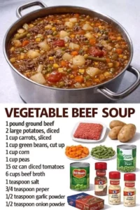 Bowl of easy vegetable beef soup with fresh vegetables and tender beef