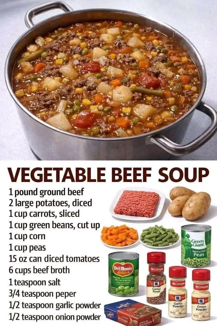Bowl of easy vegetable beef soup with fresh vegetables and tender beef