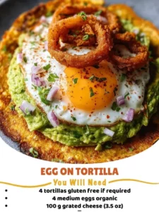 Egg on tortilla dish served with salsa and avocado