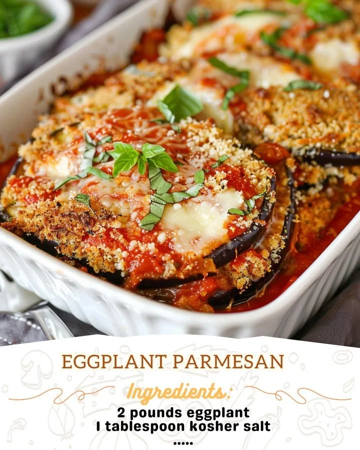 Delicious eggplant parmesan layered with marinara sauce and cheese