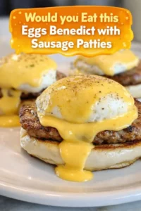Eggs Benedict topped with sausage patties served on a plate.
