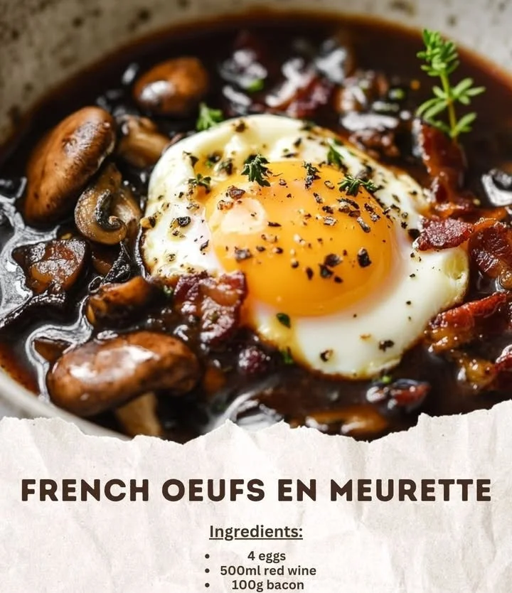 Plate of Eggs in Meurette featuring poached eggs in red wine sauce.