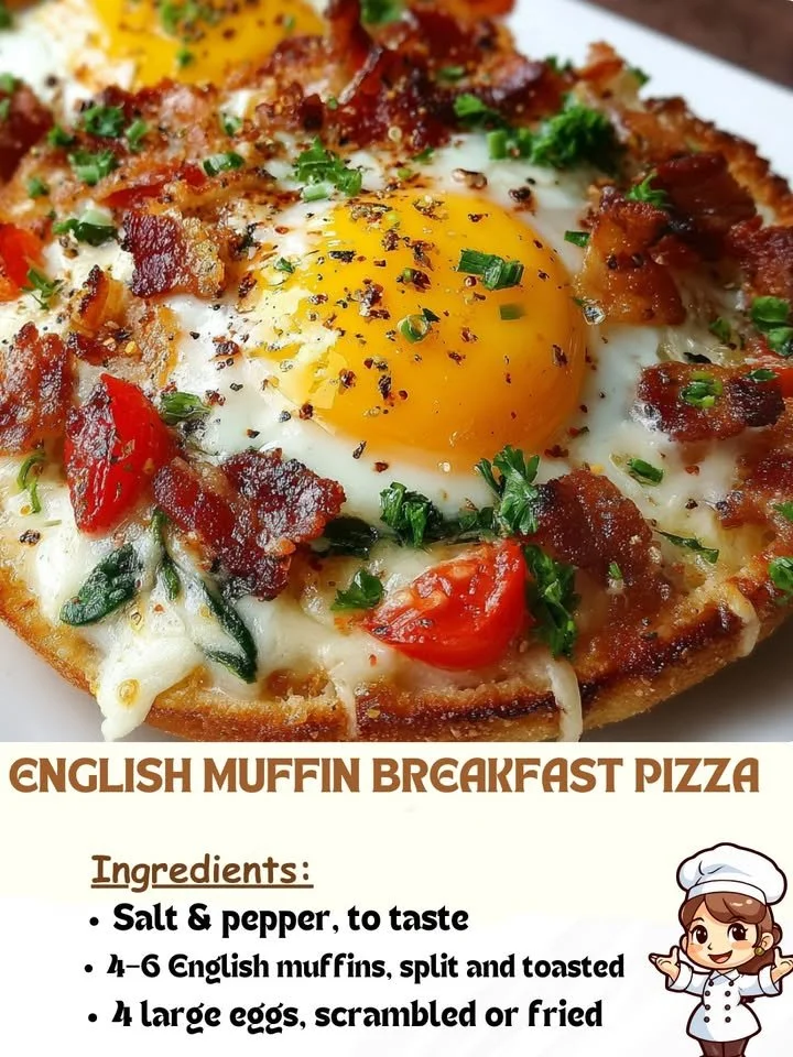 Delicious English Muffin Breakfast Pizza topped with eggs, cheese, and veggies.
