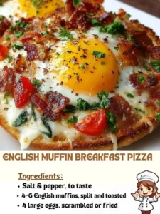 Delicious English Muffin Breakfast Pizza topped with eggs, cheese, and veggies.
