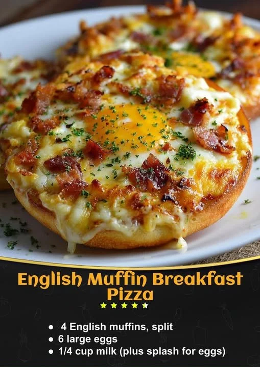 English Muffin Breakfast Pizza topped with eggs, cheese, and vegetables.