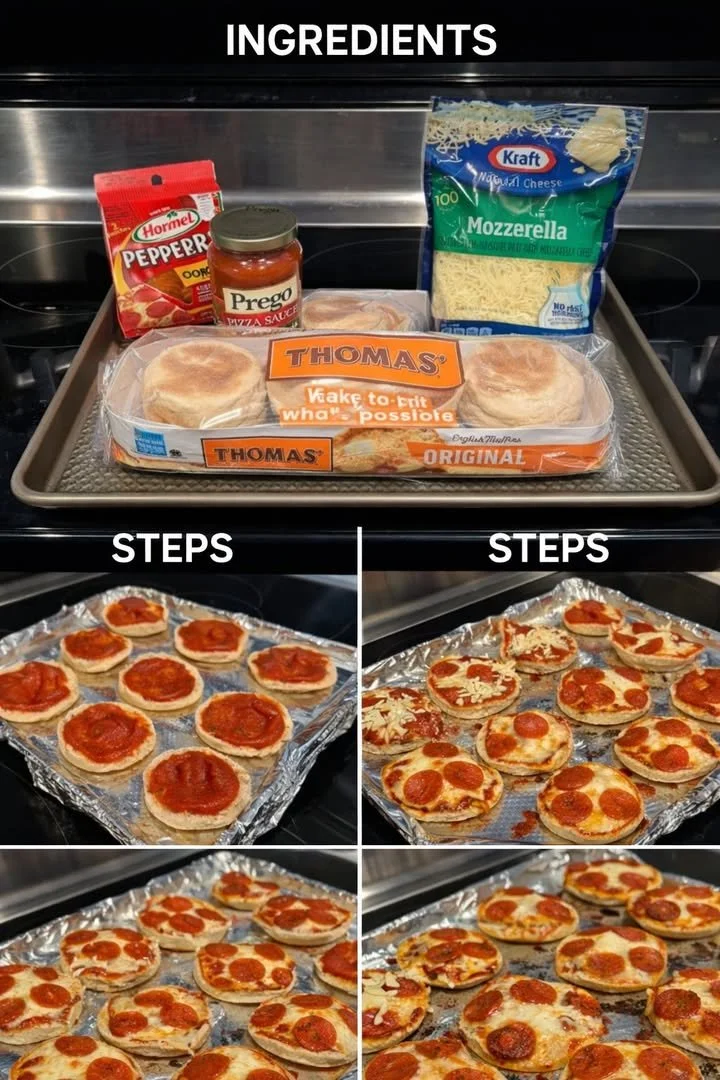 Homemade English muffin pizzas topped with cheese and vegetables