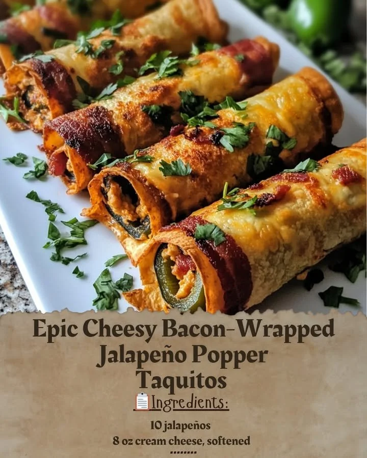 Cheesy bacon-wrapped jalapeño popper taquitos on a plate.