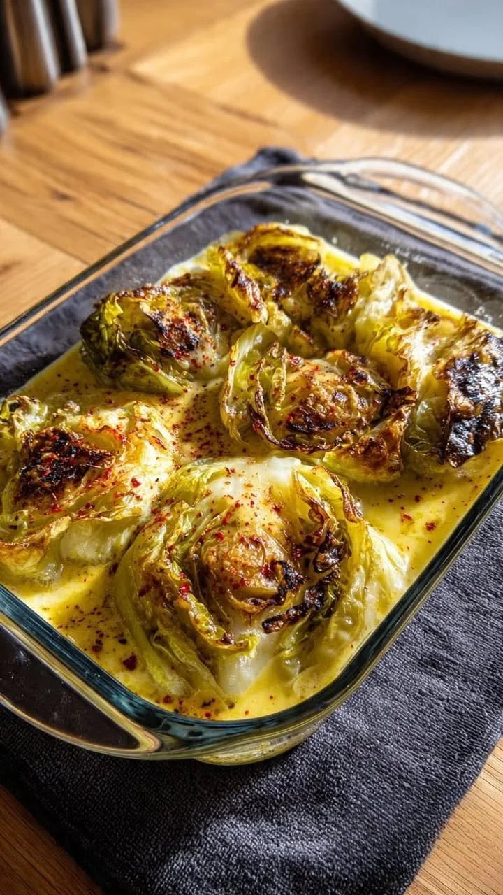 Baked escalloped cabbage topped with cheese and breadcrumbs