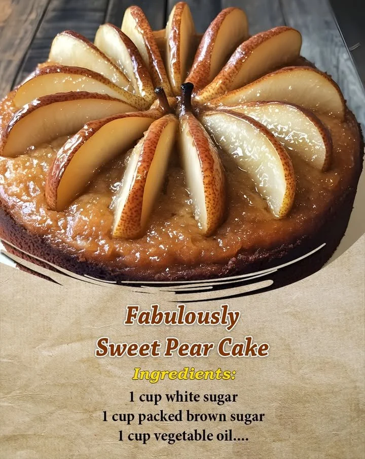 Deliciously sweet pear cake topped with fresh pear slices and drizzled with caramel