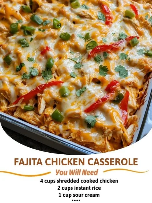 Delicious fajita chicken casserole with colorful peppers and melted cheese