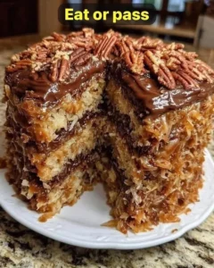 Delicious Family German Chocolate Cake with coconut frosting and chocolate layers