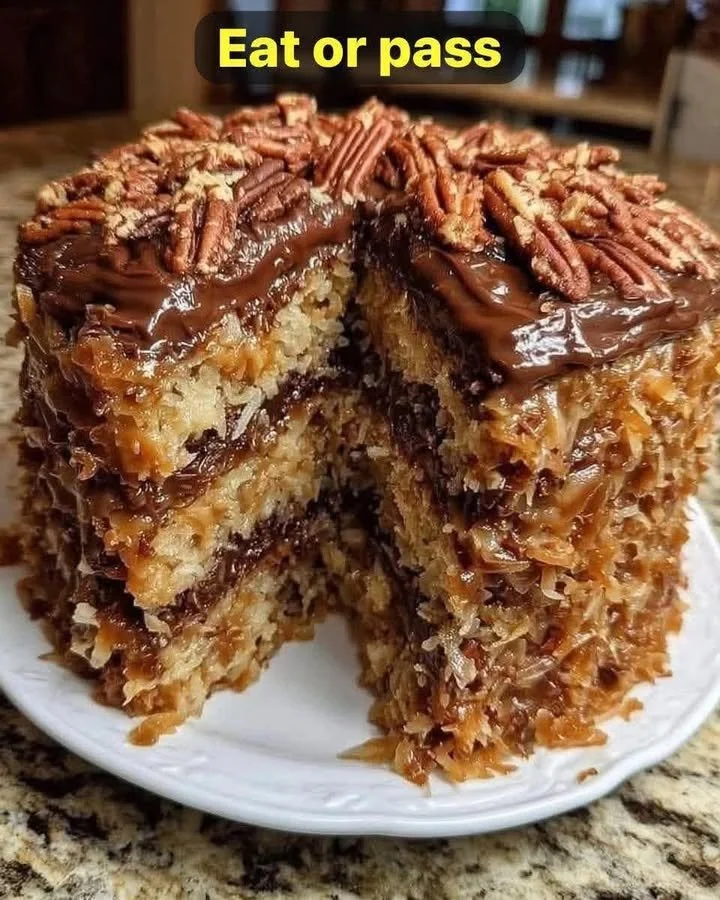 Delicious Family German Chocolate Cake with coconut frosting and chocolate layers