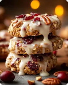 Festive no-bake cranberry pecan praline cookies arranged on a platter