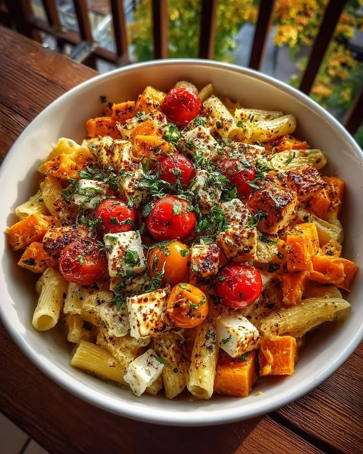 Feta Pasta Bake 2.0: Sweet Potato, Halloumi & Burst Cherry Tomatoes
