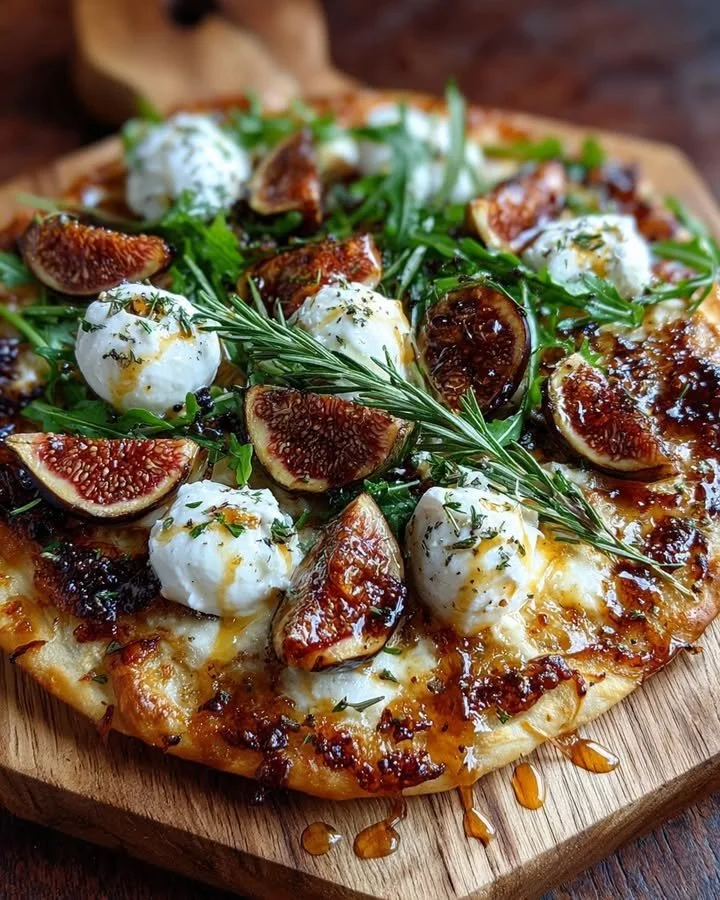 Fig & Burrata Flatbread topped with rosemary honey for a delicious appetizer.