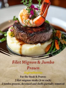 A plate featuring filet mignon and jumbo prawns, showcasing gourmet cuisine.