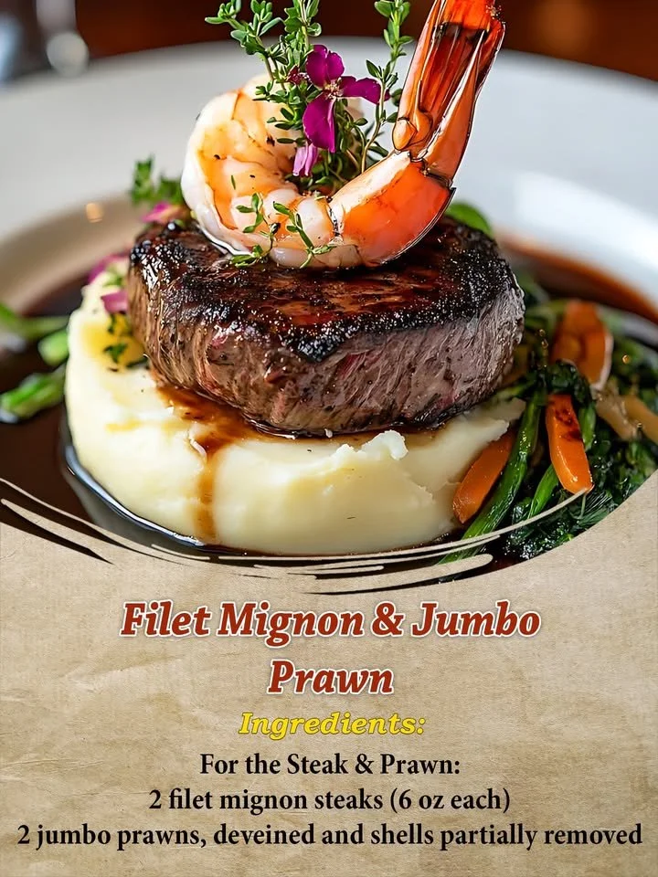 A plate featuring filet mignon and jumbo prawns, showcasing gourmet cuisine.