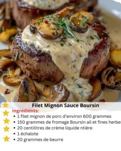 Plate of Filet Mignon with creamy Boursin sauce garnished with herbs.