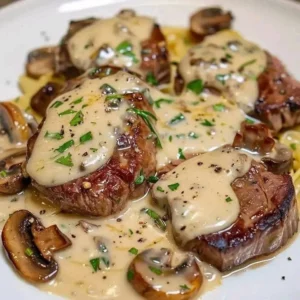 Plate of filet mignon topped with creamy Boursin sauce.