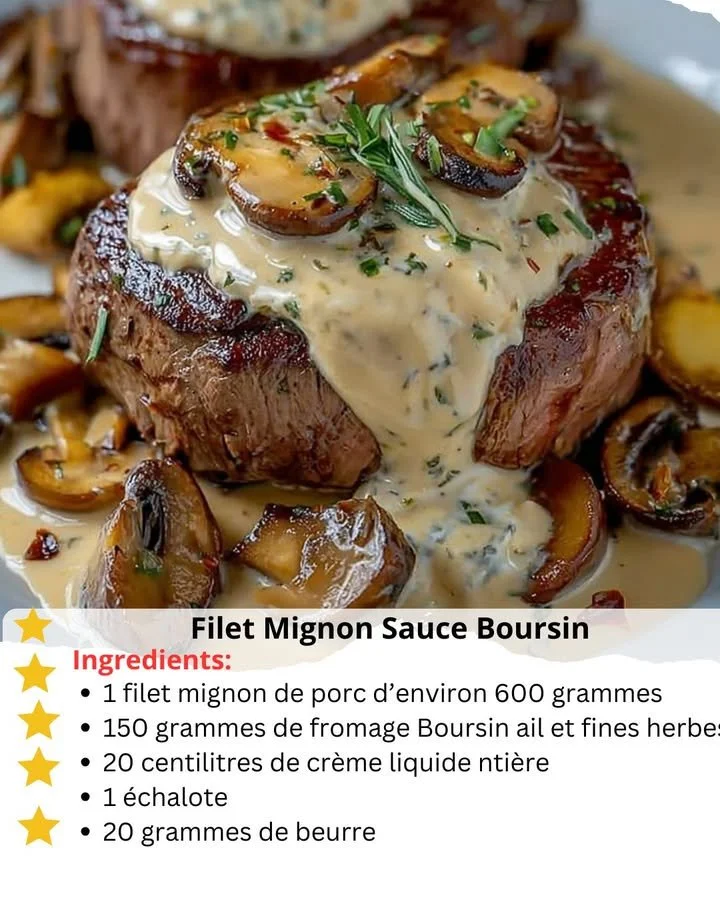 Cooked filet mignon topped with Boursin sauce served on a plate