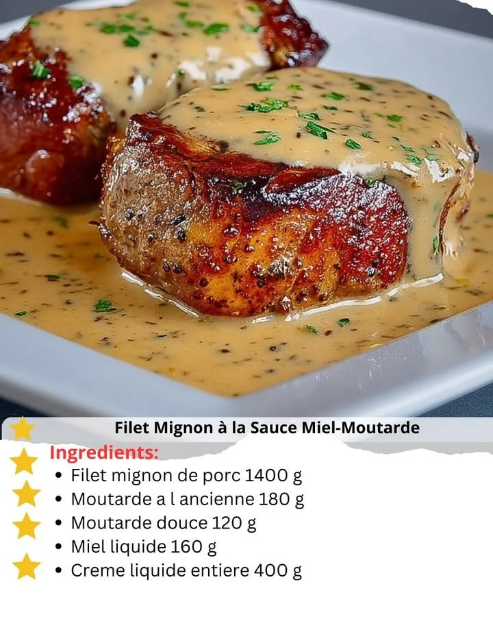 Delicious filet mignon steak with honey-mustard sauce served on a plate.