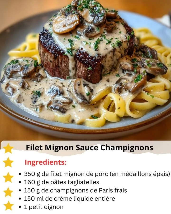 Juicy filet mignon topped with creamy mushroom sauce, served on a plate.
