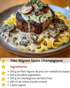 Delicious filet mignon served with rich mushroom sauce on a plate.