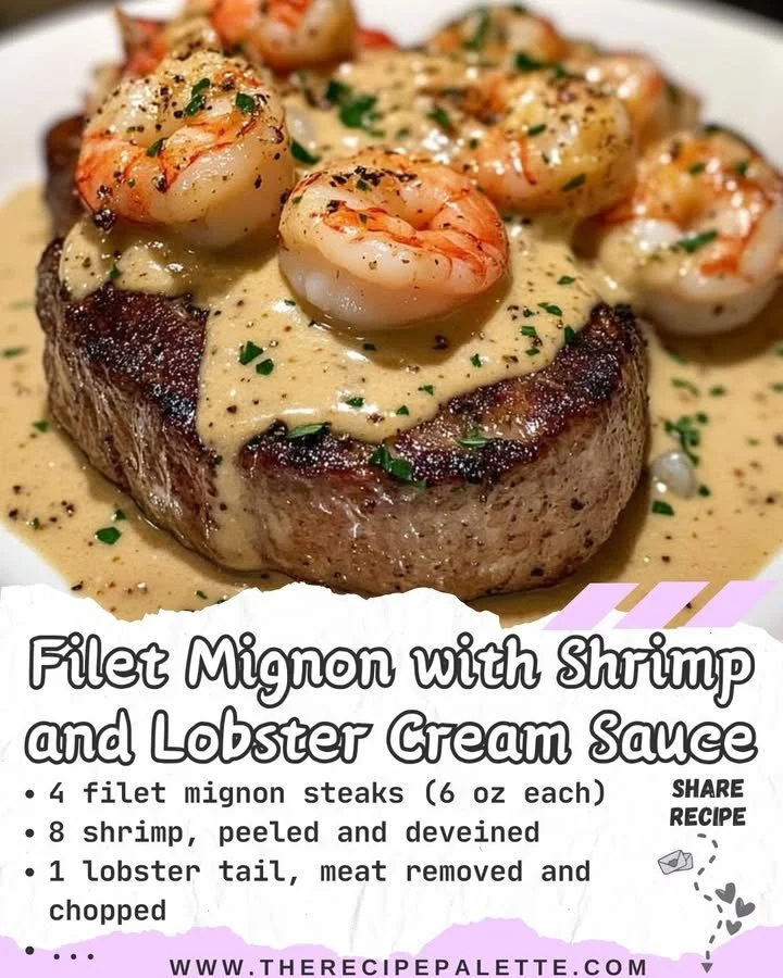 Filet Mignon served with shrimp and lobster cream sauce on a plate