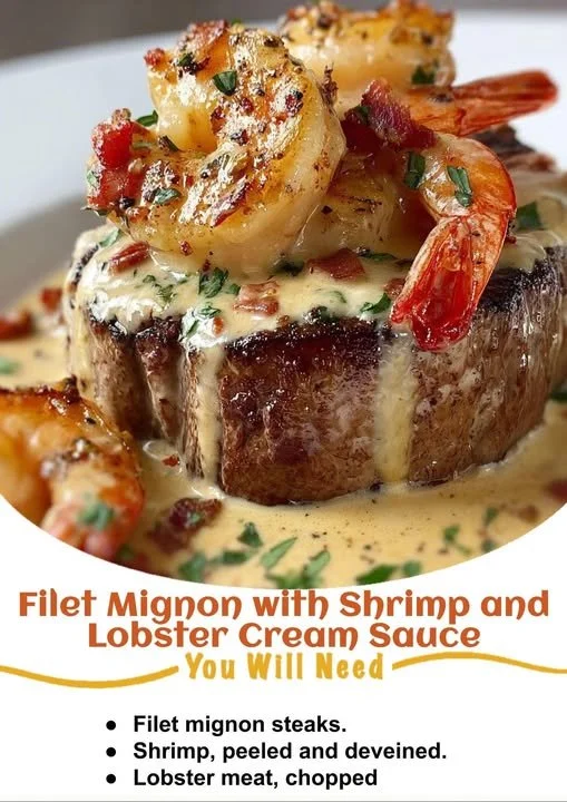 Filet mignon topped with shrimp and creamy lobster sauce on a plate.