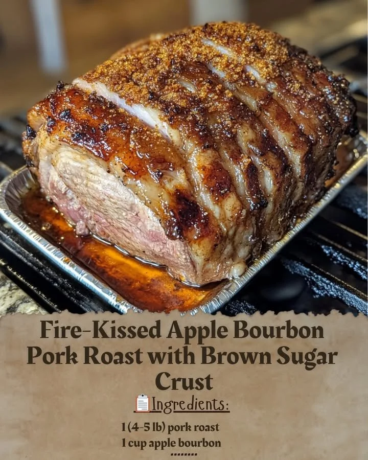 Delicious fire-kissed apple bourbon pork roast with a brown sugar crust