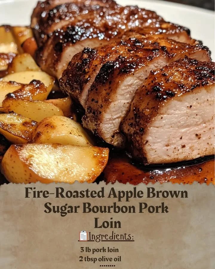 Delicious fire-roasted apple brown sugar bourbon pork loin on a plate