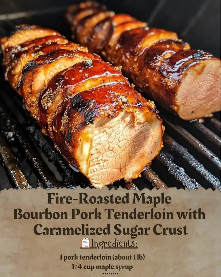 Fire-Roasted Maple Bourbon Pork Tenderloin garnished with caramelized sugar crust.